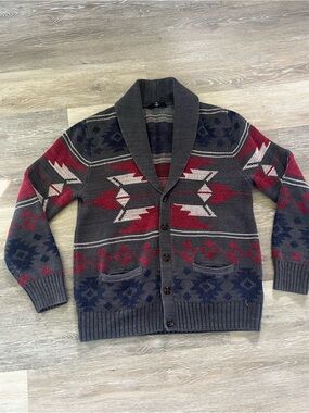 Adam Levine Collection Shawl Collar Aztec Cardigan - Charcoal, Red & Cream